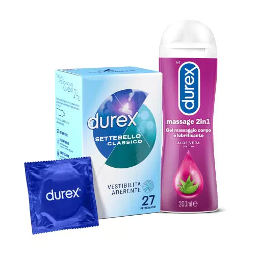 Durex Settebello Preservativi Forma Classica, 27 Profilattici + Massage 2 in 1
