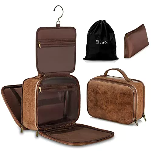 Elviros Borsa da Toilette grande da Viaggio per Uomo Beauty case Borsa in pelle resistente all'acqua Organizer per Articoli da Toeletta con Borsa Asciutta Bagnata Gratuita