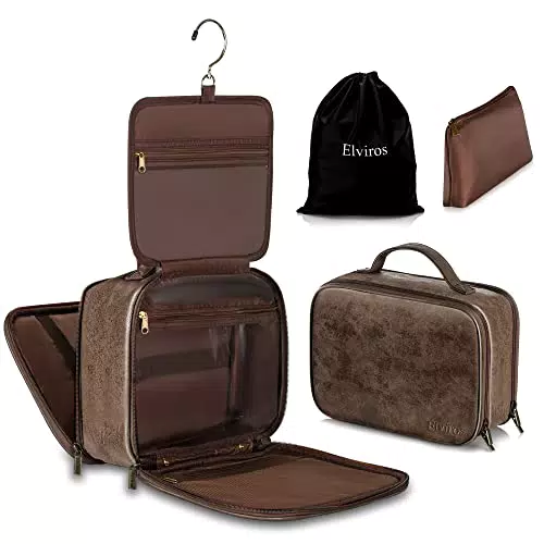 Elviros Borsa da Toilette grande da Viaggio per Uomo Beauty case Borsa in pelle resistente all'acqua Organizer per Articoli da Toeletta con Borsa Asciutta Bagnata Gratuita