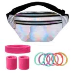 GHYUI Neon Marsupio Argento, Marsupio Donna Pelle, di cui Marsupio in Pelle PU Fascia per Capelli e Polsini Antisudore per Feste Retrò all'Aperto e Carnevale