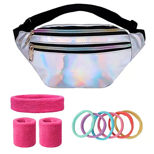 GHYUI Neon Marsupio Argento, Marsupio Donna Pelle, di cui Marsupio in Pelle PU Fascia per Capelli e Polsini Antisudore per Feste Retrò all'Aperto e Carnevale