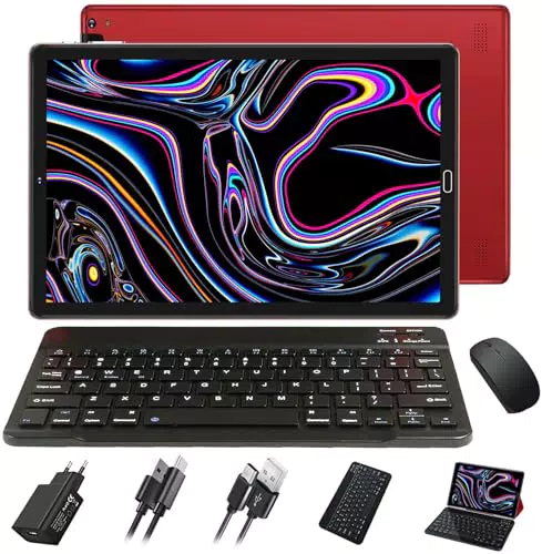 GOODTEL 2023 Tablet 10 Pollici 10GB RAM + 64GB ROM, con Custodia, Tastiera e Mouse, Rosso