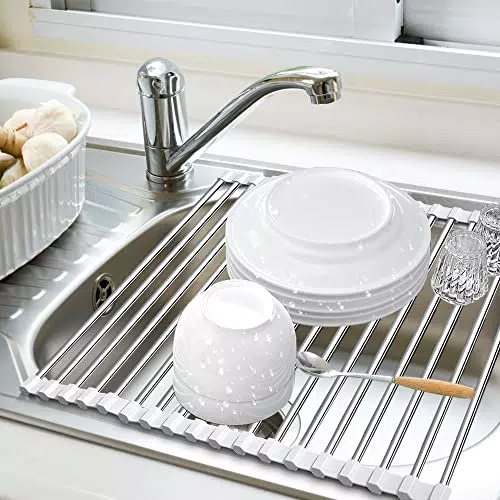 GOOPOOL Scolapiatti da Lavello Appoggio Scolapiatti Rastrelliera Pieghevole e Rimovibile di Asciugatura del Rotolo Dell'acciaio Inossidabile Cestello in rete drenante 43CM*35CM Grigio