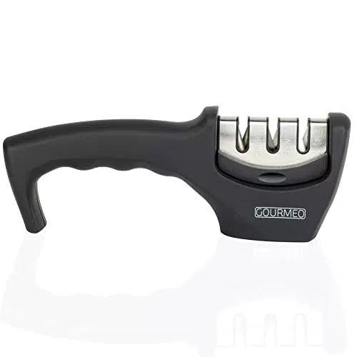 GOURMEO Affilacoltelli - Affila Coltelli da Cucina Professionale a 3 vie per Acciaio Inossidabile - Affilatore di Coltelli con Lame Diritte e di Tutte le Dimensioni - Design Ergonomico