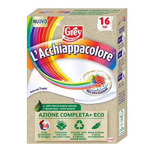Grey L'Acchiappacolore Azione Completa+ ECO, Fogli Cattura Colore Lavatrice Evita Incidenti Lavaggio