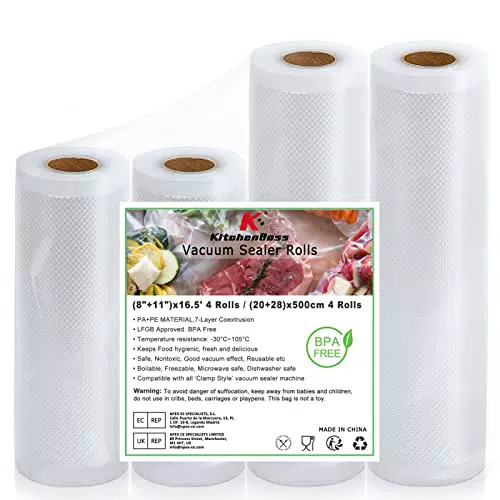 Kitchenboss Sacchetti Sottovuoto Per Alimenti: 4 Rotoli 20|28| x500 cm