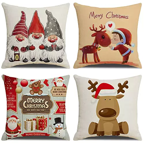 KSSKEN Federe Cuscini Natalizi 45x45cm, Federe Natalizi 4 Pack Cotone Biancheria Fodere Cuscino Divano per Soggiorno Sedia Letto-Decorazioni Natalizie