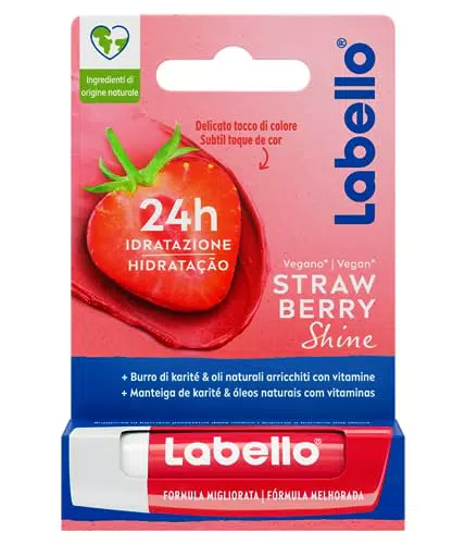 Labello Strawberry Shine Burrocacao labbra 5.50 ml, Balsamo labbra colorato e nutriente all'aroma di fragola