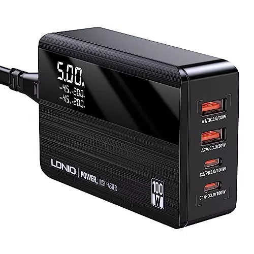 LDNIO Caricatore USB C 100W, Alimentatore Multiplo 4 porte con GaN Tech e Display LCD