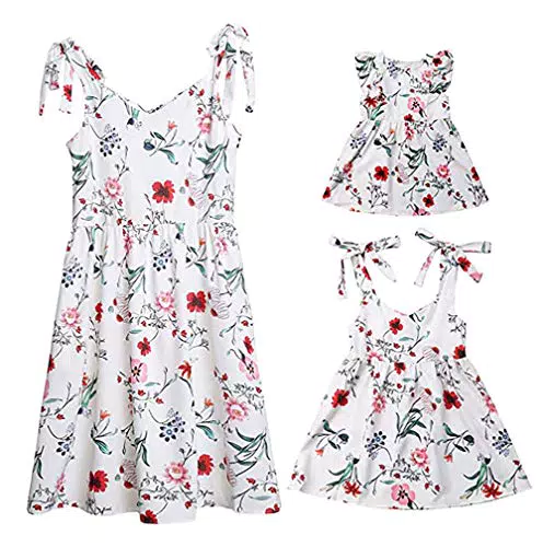 Loalirando Madre e Figlia Abiti Estivi Stampa Floreale Abiti Famiglia Senza Maniche Corti Abito Bimba Principessa/Vestito Bambina Estivo/Vestiti Donna Eleganti Estate