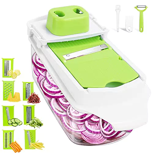Mandolina per Verdure 14 in 1 Mandolina Professionale con 7 Lame Affetta Verdure Tagliaverdure Affettaverdure Mandolina Affettatrice di Verdure con Contenitore Taglia Patate/Aglio/Uova