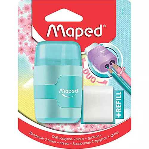 Maped Temperamatite a 2 fori Connect con gomma senza PVC + 1 gomma di ricarica media - Colore pastello casuale blu