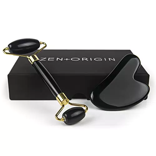 Obsidian Roller and Gua Sha, Face Roller, 100% Natural Obsidian Stone Set