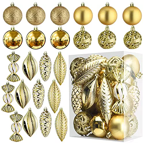 Prextex Palline di Natale Oro per Decorazioni Natalizie - 24 Pezzi Addobbi Natalizi Infrangibili per Albero di Natale con Gancio - Decorazioni Albero di Natale