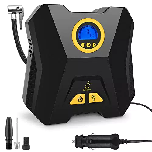 RABBITXOCO Compressore Aria Portatile, 12V Compressore Portatile per Auto Aria Compressa Pompa Elettrica Pressione Gonfiatore Digitale con Luce LED per Gonfiare Le Gomme delle Moto e delle Auto