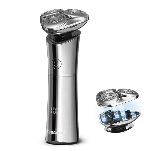 Rasoio Elettrico Barba, KENSEN Rasoio Elettrico Uomo Wet & Dry Rasoio Barba Elettrico IPX7 Impermeabile Rasoio Barba 3 Testine Rotanti Rasoi Elettrici per Barba con Display LED