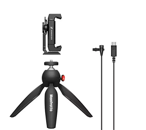 Sennheiser XS Lav USB-C, kit mobile di microfono lavalier omnidirezionale a clip con morsetto per smartphone e mini treppiede Manfrotto PIXI