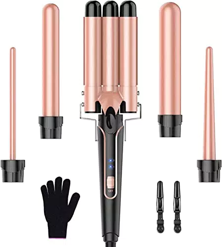 Set ferro arricciacapelli Ferro ondulato 5 in 1 - ferri arricciacapelli 3 barilotti per ricci grandi senza ricci Bigodini in ceramica con diversi accessori Regolazione della temperatura