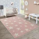 Tappeto per Bambini Moderno A Pelo Corto Design Stelle Camera dei Bambini Pastello Rosa Bianco