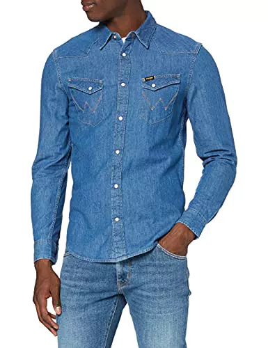 Wrangler Uomo Ls Western Denim Shirt Straight, Blu, L
