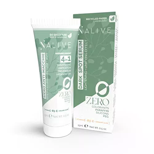 ZERO Nalive - Crema Antimacchie Viso e Corpo - Vitamine C-B3-E - Aloe Vera Bio - Siero Schiarente macchie scure - NO Paraffina Siliconi Coloranti Profumo Peg - 15 ml