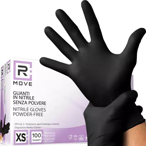 100 guanti in Nitrile XS Neri senza polvere, senza lattice