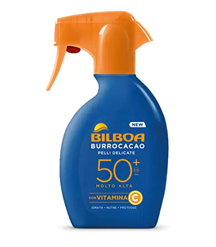Bilboa Burrocacao Spray Solare Trigger SPF 50+, Protezione Solare Alta per Pelli Sensibili