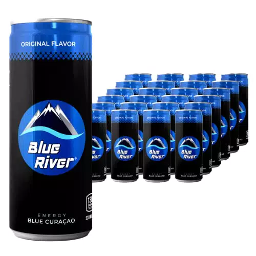 BLUE RIVER Energy Drink Confezione 24 Lattine I Un Sapore Unico al Colore Blu Curaçao I Bevanda Energetica Naturale I Bassa Quantità di Zucchero e Calorie I Senza Caffeina né Taurina I Vitamina B