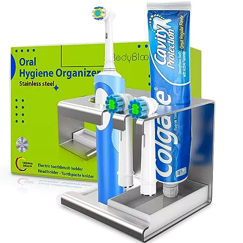BODYBLOOMS Porta spazzolino elettrico da muro in Acciaio + 2 porta testine spazzolino elettrico.Organizer bagno con porta spazzolino e dentifricio.Porta spazzolino da muro universale accessori bagno