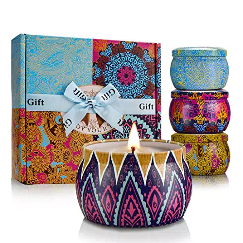 Candele Profumate Set da 4 Pezzi in Latta 500g Cera di Soia con Fragranza di Fiori Lavanda Fico per la Casa Aromaterapia per lei