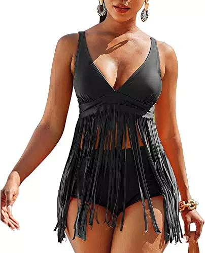 chuangminghangqi Costumi Donna Nero Tankini Mare Curvy Bikini Mare Push up Vita Alta Costume da Bagno a Due Pezzi con Top a V con Imbottitura e Pantaloncini Corti
