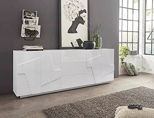 Dmora Bianco Lucido Credenza Moderna a 4 Ante e 3 cassetti