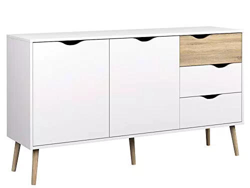 Dmora Credenza a Due Ante e Tre cassetti, Colore Bianco e Rovere