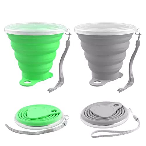 Elezenioc silicone bicchiere pieghevole, 2 pcs bicchiere portatile pieghevoli con coperchio in richiudibile plastica tazza da riutilizzabile