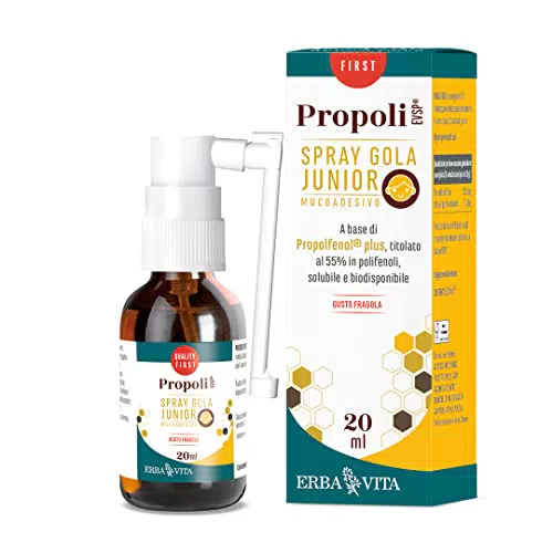 ERBA VITA Propoli Evsp Spray Gola Mucoadesivo Junior integratore alimentare adatto anche ai più piccoli con un piacevole gusto alla fragola - 20 ml
