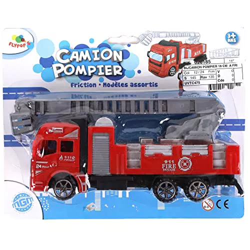 Flypop's - Camion dei Pompieri - Mini Veicolo - 020185 - Modello Casuale - Plastica - Veicolo a Frizione - Auto - Scala - Piattaforma - Giocattolo per Bambini - 18 cm x 8