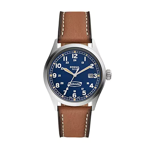 Fossil Orologio Defender da uomo, movimento solare, cassa in acciaio inossidabile argento da 40 mm con cinturino in pelle ProPlanet