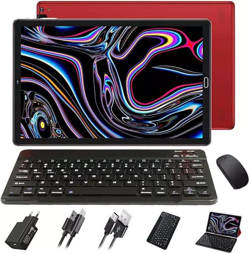 GOODTEL Tablet 10 Pollici 10GB RAM + 64GB ROM, con Custodia, Tastiera e Mouse, Rosso