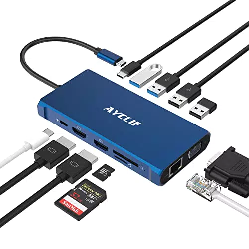 Laptop Docking Station AYCLIF 12 in 1 Triple Display USB C Hub Dual HDMI Multiport Adapter with VGA+Ethernet+100W PD + USB-C+4 USB+SD/TF Dock for Dell/HP