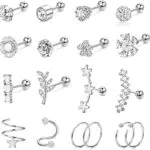Morfetto 18 PCS 16G Cartilagine Orecchini Borchie per Donna Uomo Acciaio Chirurgico Helix Tragus Divano Piercing Gioielli Opale Fiore Foglia CZ Cartilagine Orecchini Argento