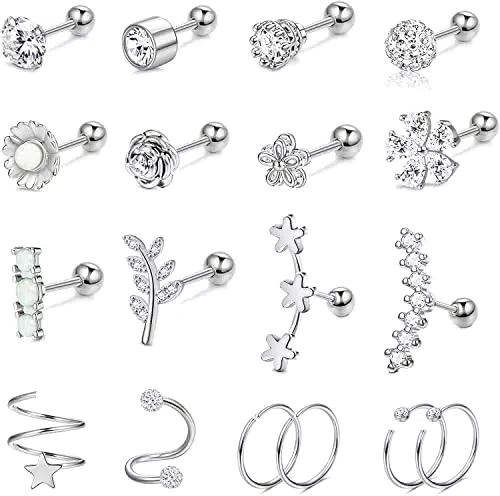 Morfetto 18 PCS 16G Cartilagine Orecchini Borchie per Donna Uomo Acciaio Chirurgico Helix Tragus Divano Piercing Gioielli Opale Fiore Foglia CZ Cartilagine Orecchini Argento