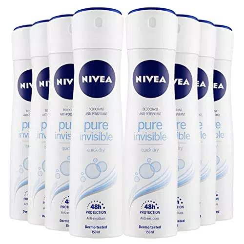 Nivea Pure Invisible Original Deodorante Spray Antitraspirante 48h Protezione Pelle Fresca e Libera Non Lascia Residui - 8 Flaconi da 150ml