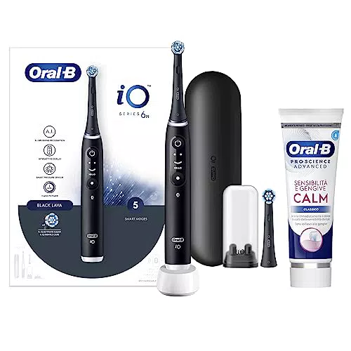 Oral-B Spazzolino Elettrico Ricaricabile iO6 Nero Con Custodia Da Viaggio, 1 Spazzolino + 1 Dentifricio Sensibilità e Gengive Calm