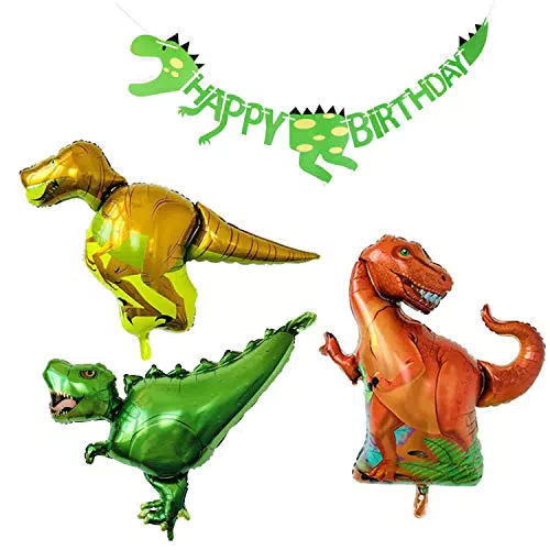 PartyWoo Palloncini Compleanno 3 Dinosauri Palloncini in Alluminio&1 Dinosaur Buon Compleanno Banner Decorazioni Festa per Compleanno Ragazzi Dinosauri Festa Giurassico Festa - Rosso Giallo Verde