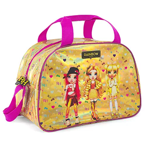 PERLETTI Borsone Palestra Rainbow High Sfondo Olografico Oro e Viola - Borsa Viaggio con Stampa Ruby Sunny Poppy con Glitter - Sacca Sportiva per Danza Piscina Viaggi e Tempo Libero - 28x41x21 cm