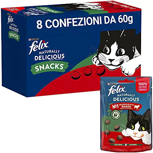 Purina Felix Naturally Delicious Snack Gatto, Ricco in Manzo con un Tocco di Bacca di Goji