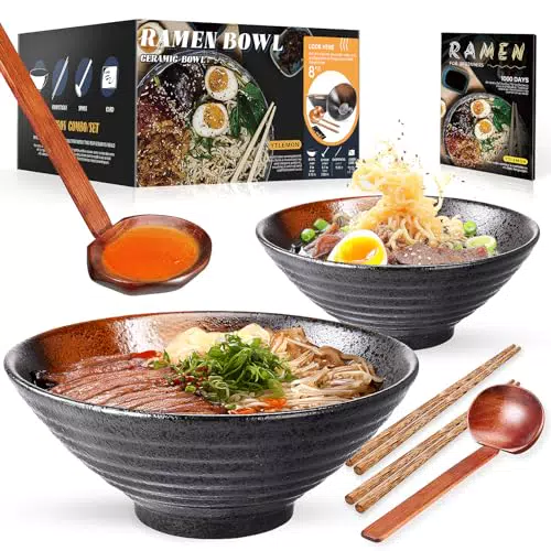 Set Ciotola Ramen In Ceramica 2×1000ml 34oz Ciotola Di Pasta Giapponesi Con Bacchette E Cucchiaio 2 Set Da 6 Pezzi Per Spaghetti Zuppa Di Insalata Snack Bowl Regali Per Nuovi Uomini E Donne Di Casa