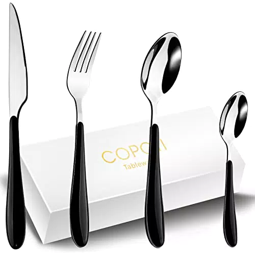 Set Posate da Posate Manico In Plastica 6 Persone, COPOTI 20 Pezzi Manico Nero Acciaio Inox Coltello Forchetta Cucchiaio Cena Set