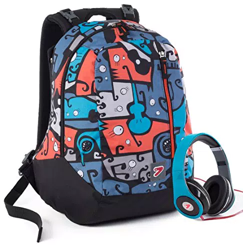 seven Zaino THE DOUBLE JANGLE - Blue Arancione - cuffie stereo con grafica abbinata incluse! 2 zaini in 1 REVERSIBILE