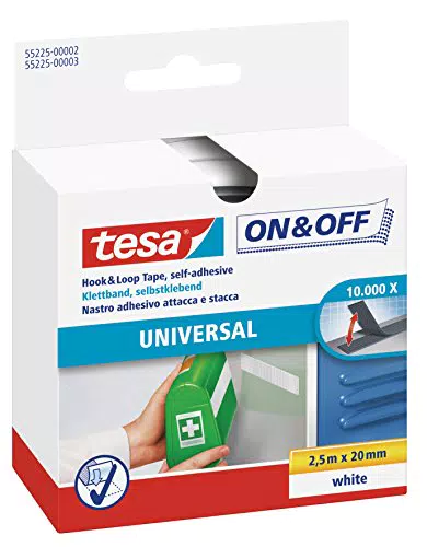tesa On & Off Nastro AutoAdesivo Universale, Nastro Adesivo a Strappo per il Fissaggio Veloce di Oggetti Domestici Leggeri